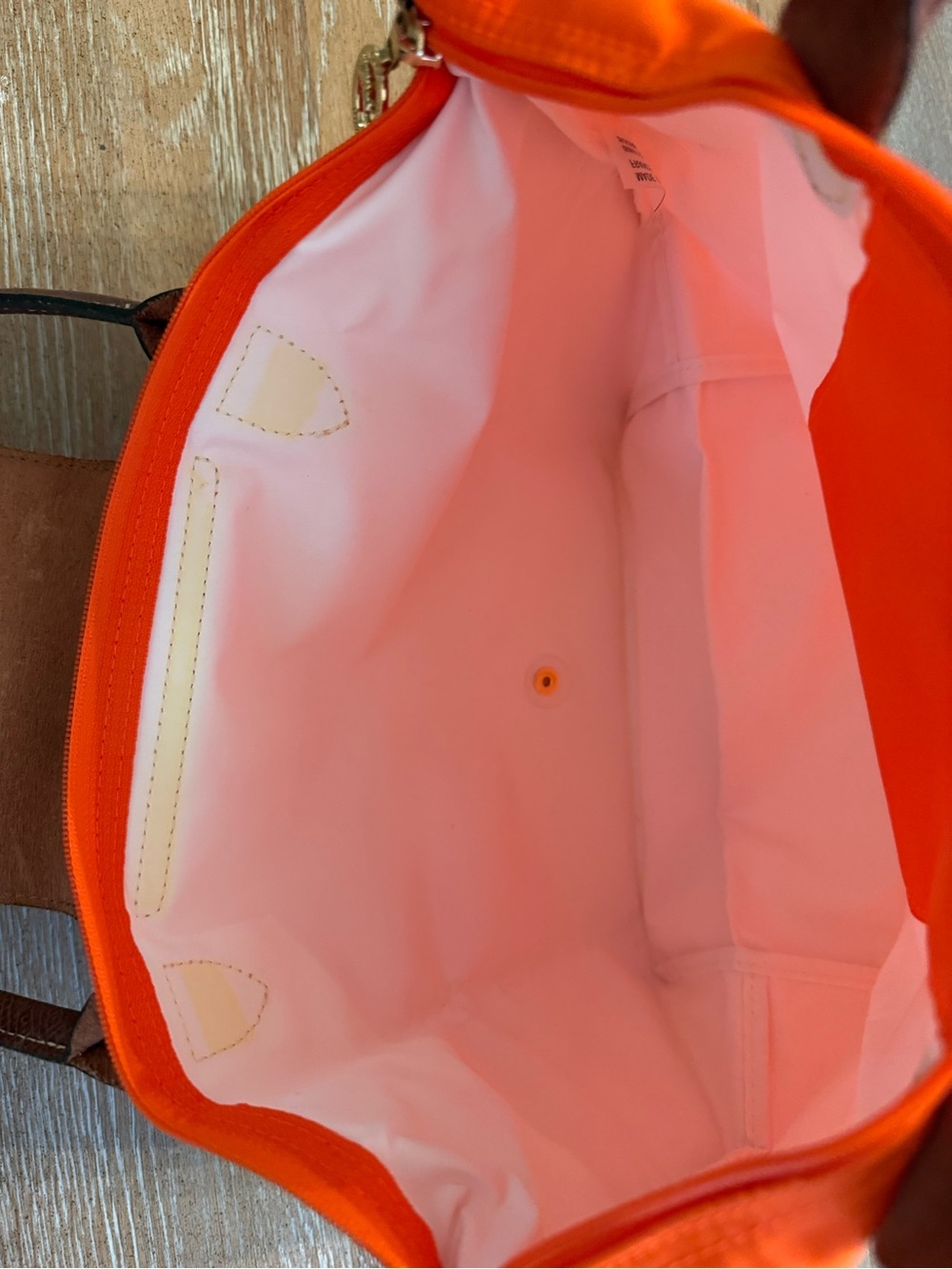 Longchamp Le Pliage Orange Nylon Brown Leather Tote Handbag 14x10x5 - Picture 3 of 10